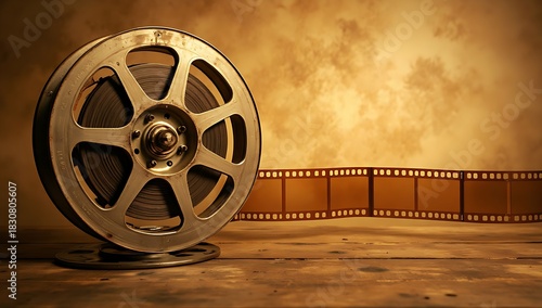 Classic film reel with stretching film strip set against a grunge textured warm sepia background