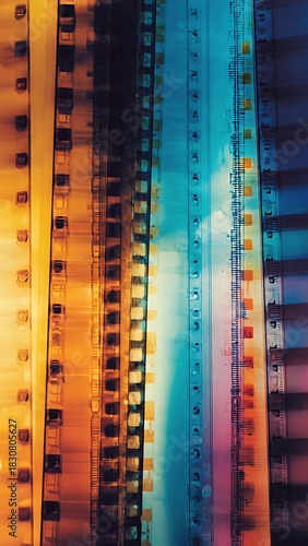 Abstract vintage overlapping film strips flow vertically through transparent layers bathed in warm amber tones contrasting against cool blue hues seamless background