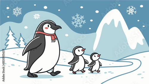 Winter Family Walk: Cute Penguin Parent Leading Two Chicks on Snowy Path, Festive Winter Holiday Season, Cute Animal Illustration for Children's Books, Greeting Cards, and