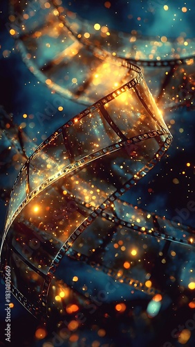 Magical translucent vintage film strip dancing with scattered glittering golden particles floating in the dark blue background