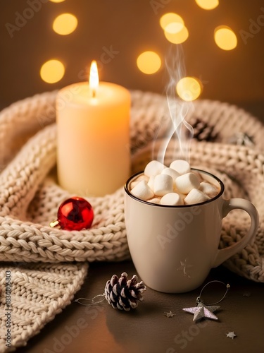 Wallpaper Mural A cozy Christmas still-life scene featuring a lit candle, a mug of hot chocolate with marshmallows, a soft knitted blanket, and small festive ornaments. Warm ambient lighting and subtle background Torontodigital.ca