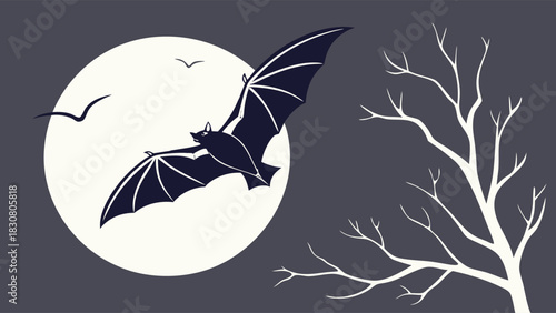 Spooky Bat Flying Under Full Moon with Bare Tree, Halloween Night Atmosphere for Horror Marketing, Gothic Website Design, Mysterious Event Promotion