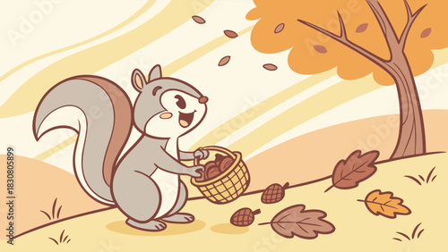 Cute Squirrel Gathering Acorns in Autumn Forest, Perfect for Fall Marketing, Children's Books, Websites, and Seasonal Content, Joyful and Whimsical Mood