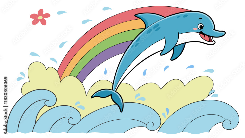 Naklejka premium Happy Cartoon Dolphin Jumping Over Ocean Waves with Colorful Rainbow Illustration for Kids Education and Summer Fun