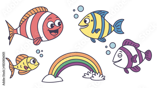 Happy Colorful Cartoon Fish Swimming with Rainbow. Cute Marine Life Vector Illustration for Kids Education, Nursery Decor, Children's Books, and Playful Design.