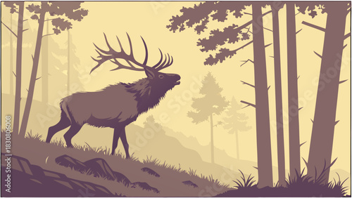 Majestic Bull Elk Bugling in Misty Forest Vector Illustration for Wildlife Conservation and Outdoor Adventure Travel