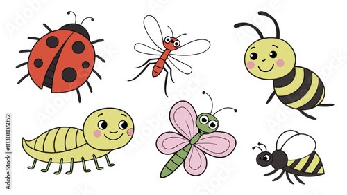 Cute Cartoon Insects Collection. Happy Friendly Bugs for Children's Education, Books, and Creative Design. Vector Art.