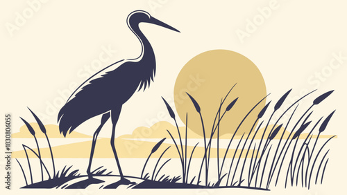 Graceful Heron Wading in Peaceful Marsh Illustration with Reeds and Golden Sunset for Nature Conservation and Outdoor Travel