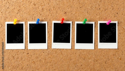 Five empty polaroid photo prints pinned by different pushpins on cork board background	
