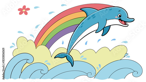Happy Cartoon Dolphin Jumping Over Ocean Waves with Colorful Rainbow Illustration for Kids Education and Summer Fun