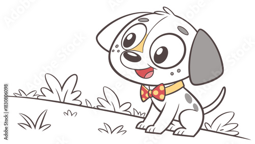 Happy Adorable Cartoon Puppy Smiling on Green Grass for Kids Books Pet Care Family Entertainment and Children's Design Illustration