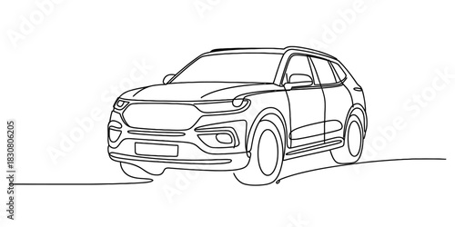 Minimalist continuous line drawing of a modern suv vehicle on a white background representing transport and automotive industry concept. Vector, illustration