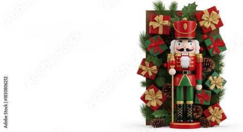 Nussknacker in klassischer Uniform steht vor festlichem Rahmen aus Geschenken Tannenzweigen und Zapfen und schafft perfekte traditionelle Weihnachtsoptik für Karten Poster und Designs Generative KI
