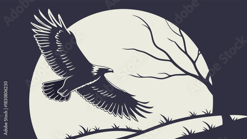 Majestic Eagle Flying Under Full Moon and Tree Silhouette for Business Leadership, Vision, Freedom, and Nature Branding