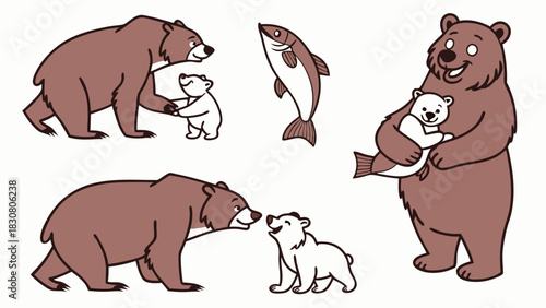 Happy Bear Family Cartoon Illustration. Cute Mother Bear with Baby Cubs and Fish. Wildlife Parenthood, Love, and Nature for Kids Education.