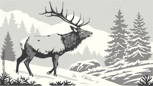 Majestic Bull Elk Walking Through Snowy Winter Mountain Forest for Outdoor Apparel, Wildlife Conservation, and Nature Tourism