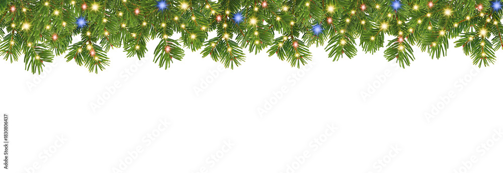 Obraz premium christmas border with coniferous branches and garlands of christmas lights on transparent background