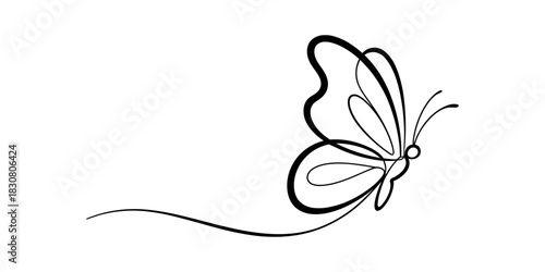 Minimalist one line art butterfly flying with a continuous stroke trail, elegant simple black and white drawing on clean background Vector, illustration