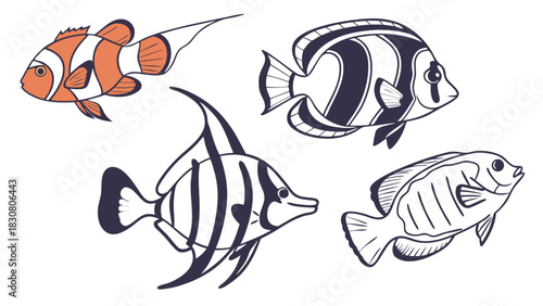 Vibrant Diverse Tropical Fish Illustration Set. Hand Drawn Marine Life Drawing for Aquarium, Pet Store, Kids Education, Ocean Biology, Web Graphics.