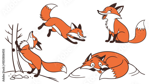 Cute Cartoon Foxes Vector Set Playful Happy Curious Sleeping Winter Wildlife Animal Characters for Kids Books Education Nature Design