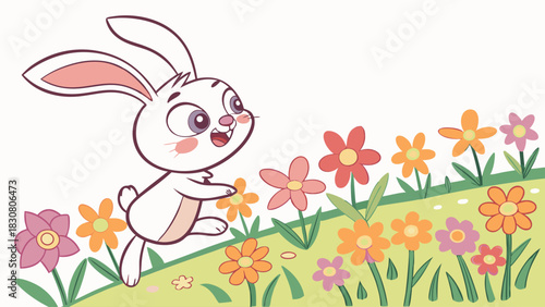 Happy Cartoon Rabbit Running in Spring Flower Field. Cute Bunny Illustration for Kids' Books, Education, Web Design, and Easter.