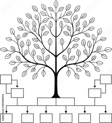 Black and white family tree diagram with leaves and blank boxes for names and genealogical information