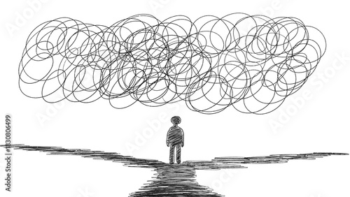 Person standing beneath cloud of tangled thoughts - mental health concept. The hand-drawn sketch style,  overthinking and cognitive stress. PNG. Black and white illustration on transparent background.