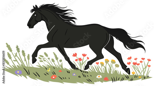 Majestic Black Horse Galloping Through Wildflowers, Symbolizing Freedom, Power, and Nature's Beauty for Equestrian Brands, Outdoor Adventures, and Wellness Campaigns