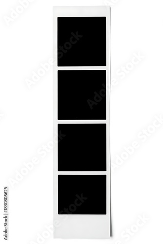 A vertical photo booth strip template featuring empty black four slots separated by white frame, isolated on white background
