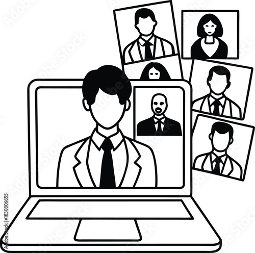 Laptop screen displaying video conference with multiple participants
