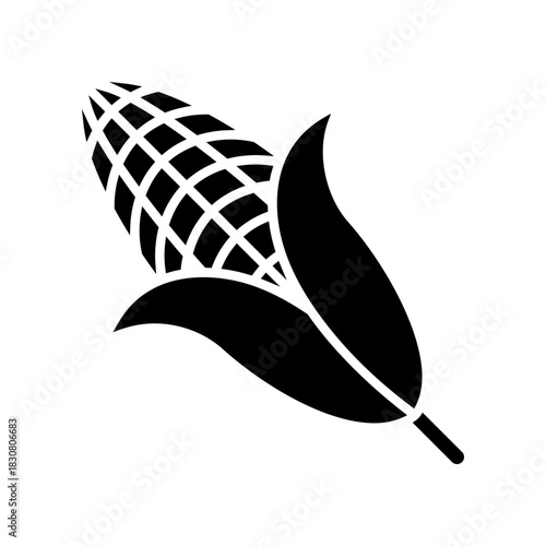 Corn on the Cob Icon with Husk. Simple Black Silhouette Illustration for Food and Agriculture Stock