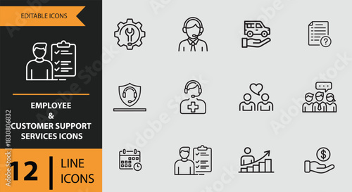 Employee and customer support services outline icons isolated on white background