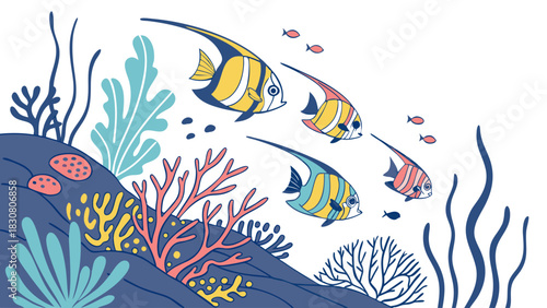 Vibrant Coral Reef Scene with Schooling Tropical Fish Swimming Gracefully Underwater, Perfect for Travel, Nature, and Ocean-Themed Designs
