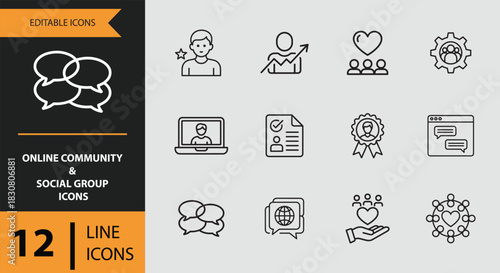 12 online community and social group icons outline icon set isolated on white background