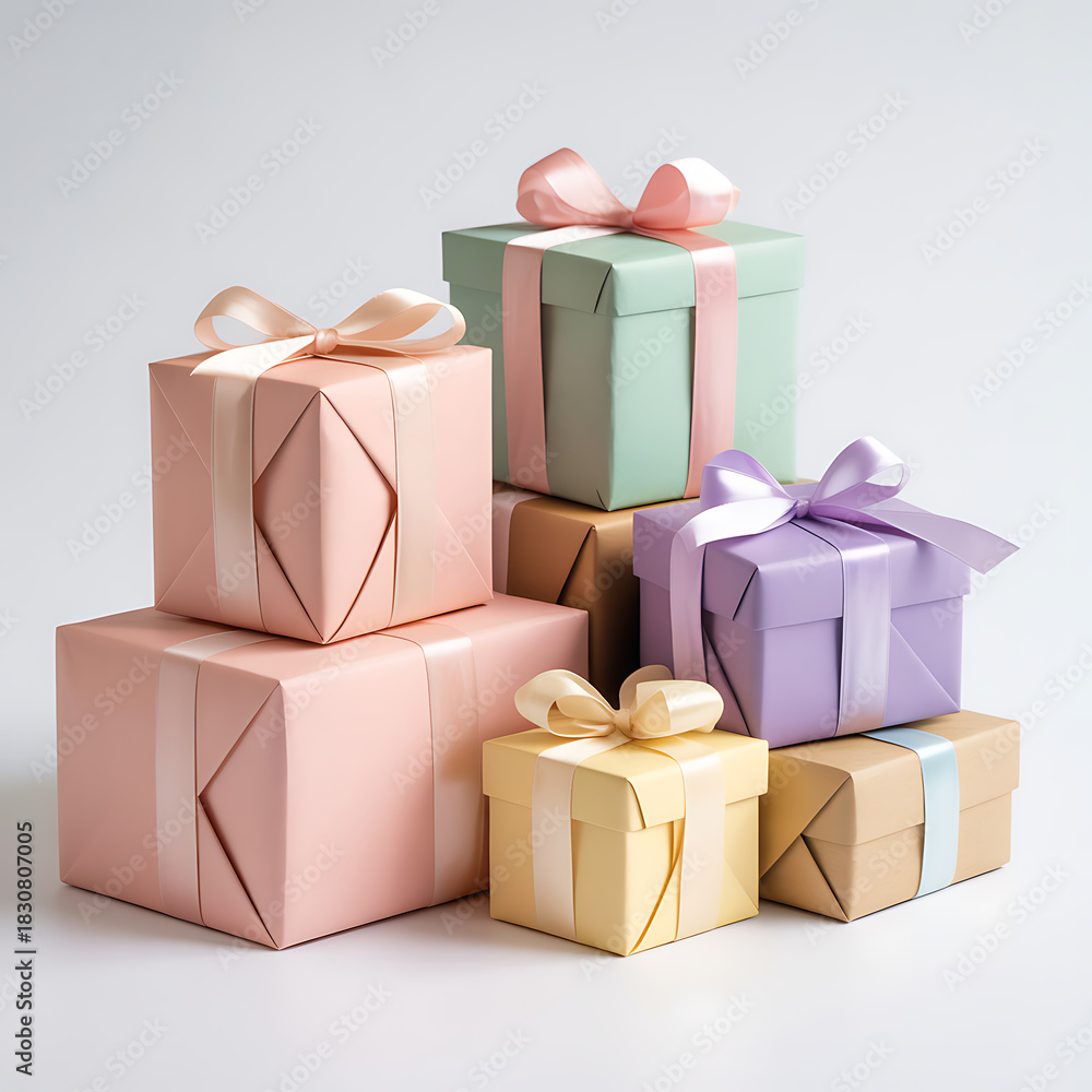 Naklejka premium Celebrate special occasions with these pastel wrapped gifts, perfect for birthdays, holidays, or thank you presents, all tied with elegant satin ribbons