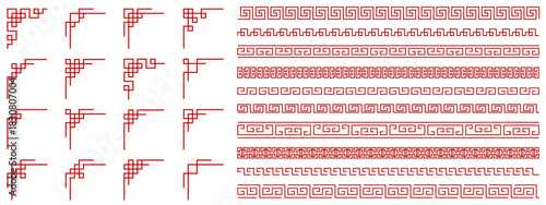 Chinese frame set, Asian border, red vector corners pattern