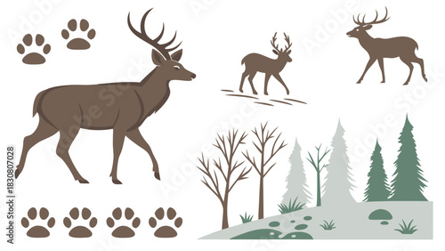 Majestic Deer in Snowy Forest Landscape, Wildlife Nature Scene for Winter Marketing, Outdoor Adventure, Eco Tourism, Calm Serene Mood, Seasonal Design Elements