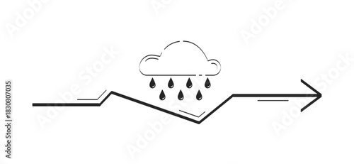 Rainy weather with trend arrow doodle linear object. Rain cloud with raindrops over zigzag line. Precipitation 2D vector outline clip art drawing isolated on white. Hand drawn sketch illustration