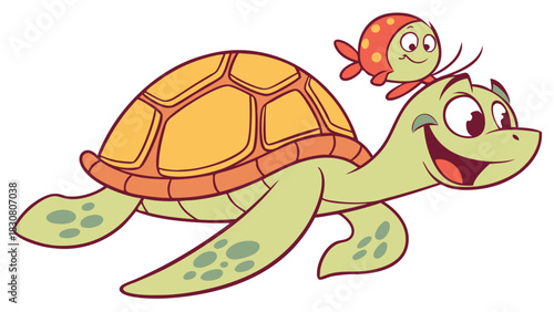 Friendly Turtle and Fish Duo Swimming Together, Symbolizing Partnership and Joyful Journey for Children's Books, Educational Content, and Whimsical Web Design Projects