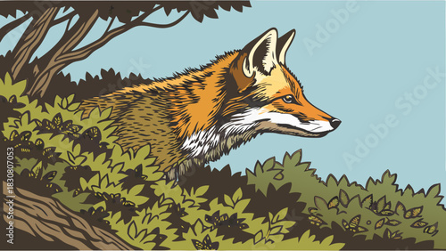 Alert Fox Peeking from Lush Greenery, Stealthy Wildlife Observation for Nature Documentaries, Outdoor Adventure Blogs, and Conservation Campaigns