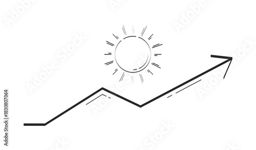 Sunny weather boost in forecast trend doodle linear object. Sun over upward zigzag arrow. Summer weather rise 2D vector outline clip art drawing isolated on white. Hand drawn sketch illustration