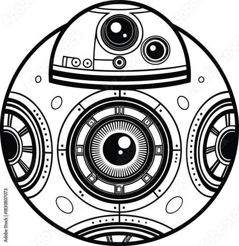 Detailed black and white illustration of a spherical robot with intricate design elements and circular patterns
