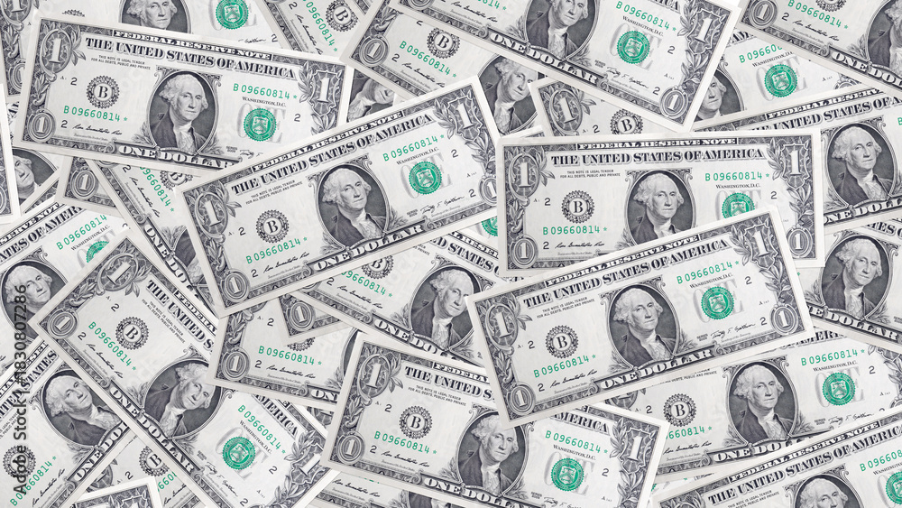 Naklejka premium Top view collection of overlapping one dollar bills. Concept of wealth, finance, investment, or economy