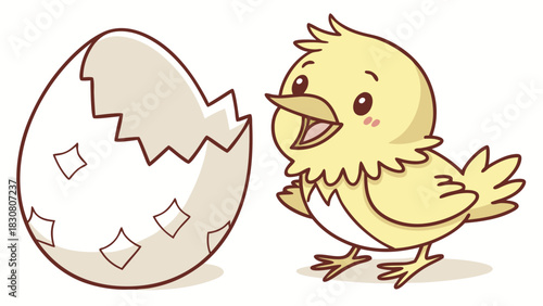 Happy Yellow Chick Hatching from Broken Eggshell Spring Easter New Beginnings Growth Startup Launch Illustration