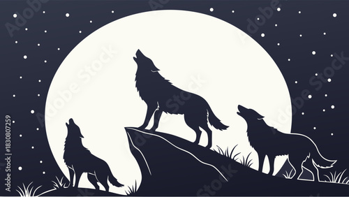 Powerful Wolves Howling at Full Moon Silhouette for Wilderness Branding Wildlife Education and Team Leadership Graphics
