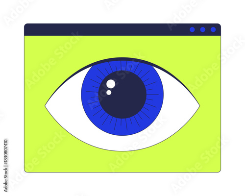 Eye symbol in web interface 2D cartoon object. Computer vision. Visual recognition. Digital monitoring. Eyesight in browser window isolated element flat vector clip art on white. Spot illustration