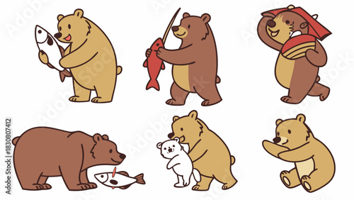 Cute Cartoon Bear Family Activities Set Fishing Gathering Food Happy Wildlife Illustration for Children's Books