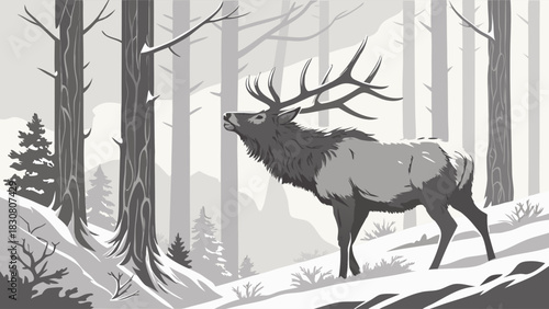 Majestic Bull Elk Bugling in Snowy Winter Forest Landscape for Wildlife Conservation and Outdoor Adventure Promotion