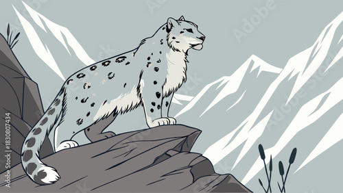 Majestic Snow Leopard Prowling Rocky Mountain Peak for Wildlife Documentary or Nature Website Banner