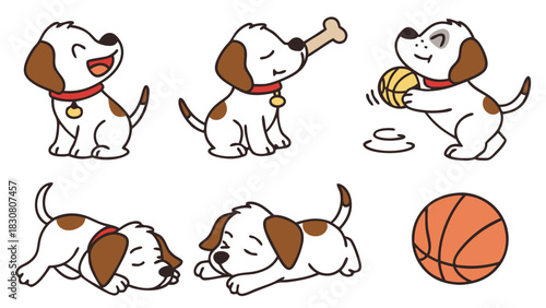 Cute Puppies Playing and Sleeping, Adorable Dog Illustrations for Pet Care Marketing, Children's Books, Website Design, Joyful and Playful Mood